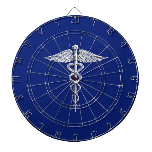 Silver Chrome Caduceus Medical Symbol on Navy Blue Dartboard (Front)