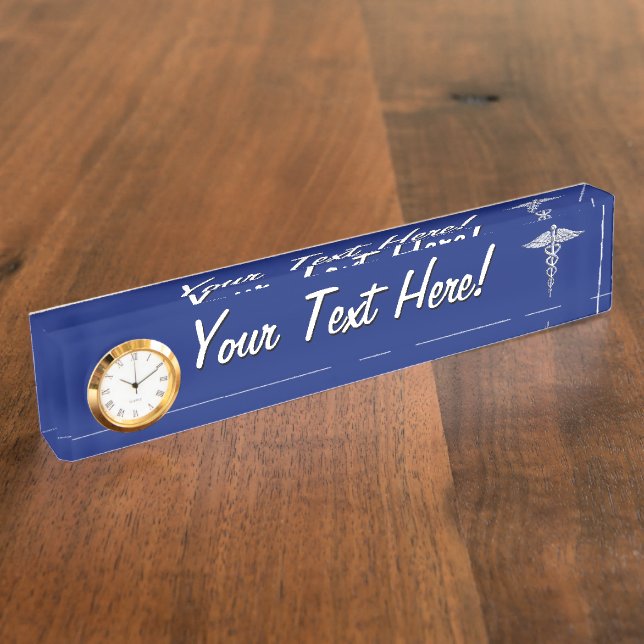 Silver Chrome Caduceus Medical Symbol on Navy Blue Desk Name Plate (Side)