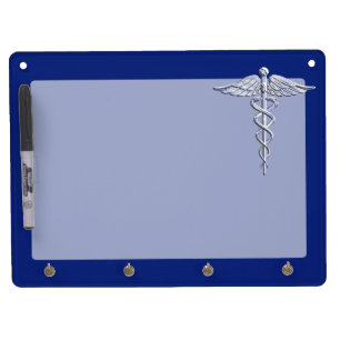 Silver Chrome Caduceus Medical Symbol on Navy Blue Dry Erase Board With Keychain Holder