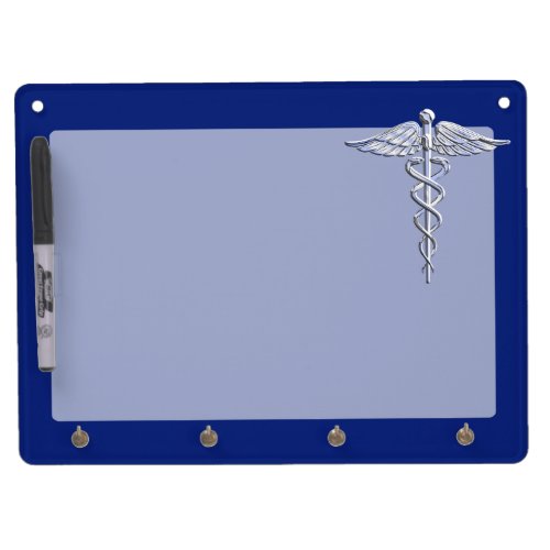 Silver Chrome Caduceus Medical Symbol on Navy Blue Dry Erase Board With Keychain Holder