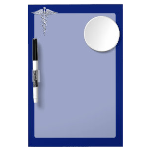 Silver Chrome Caduceus Medical Symbol on Navy Blue Dry Erase Board With Mirror