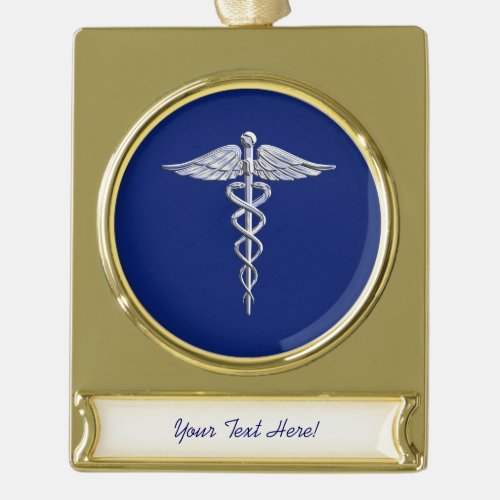 Silver Chrome Caduceus Medical Symbol on Navy Blue Gold Plated Banner Ornament