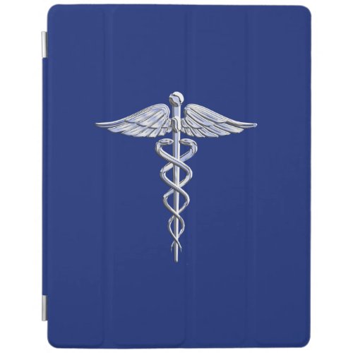 Silver Chrome Caduceus Medical Symbol on Navy Blue iPad Smart Cover