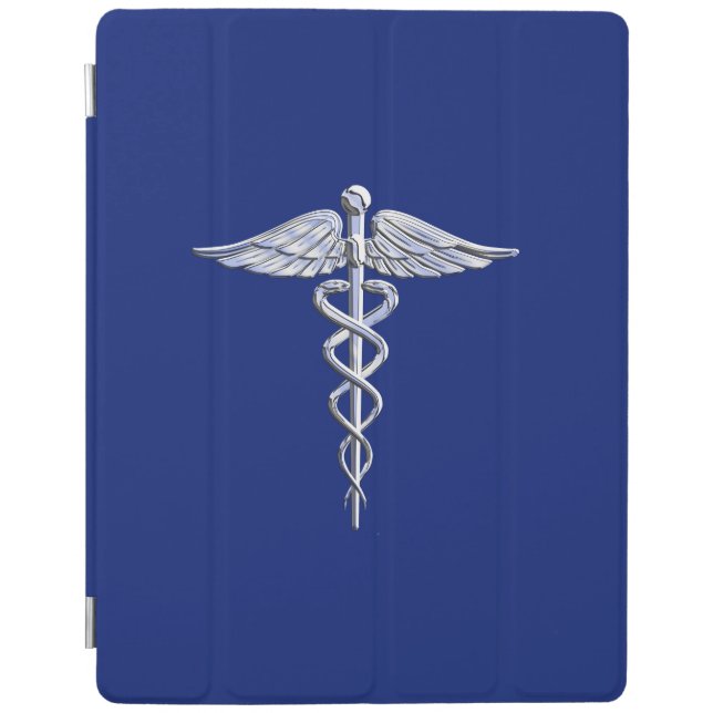 Silver Chrome Caduceus Medical Symbol on Navy Blue iPad Smart Cover (Front)