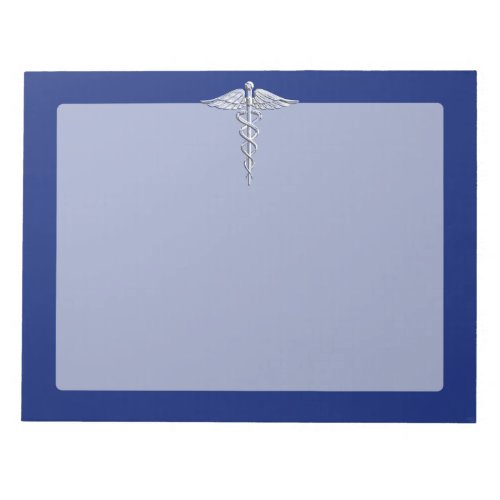 Silver Chrome Caduceus Medical Symbol on Navy Blue Notepad