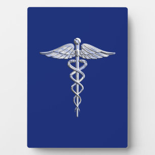 Silver Chrome Caduceus Medical Symbol on Navy Blue Plaque
