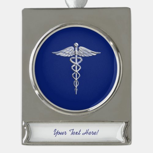 Silver Chrome Caduceus Medical Symbol on Navy Blue Silver Plated Banner Ornament