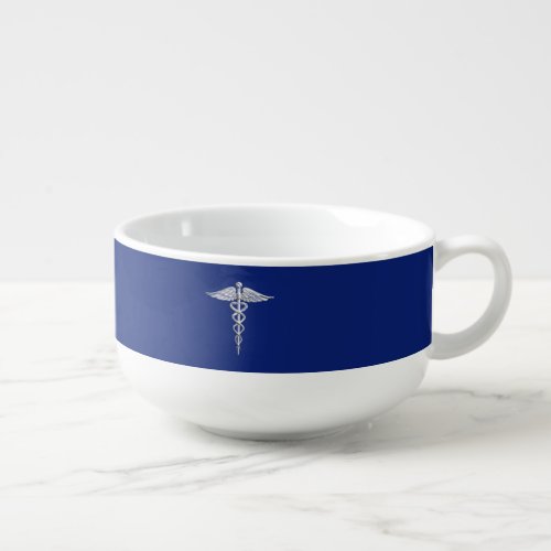 Silver Chrome Caduceus Medical Symbol on Navy Blue Soup Mug