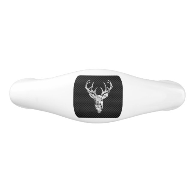 Silver Chrome Deer on Carbon Fiber Style Print Ceramic Drawer Pull (Front)