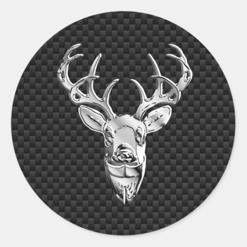 Silver Chrome Deer on Carbon Fiber Style Print Classic Round Sticker