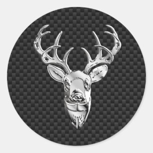 Silver Chrome Deer on Carbon Fiber Style Print Classic Round Sticker
