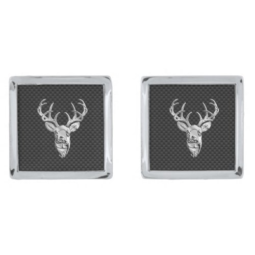 Silver Chrome Deer on Carbon Fiber Style Print Cufflinks