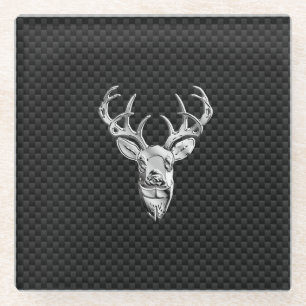 Silver Chrome Deer on Carbon Fiber Style Print Glass Coaster