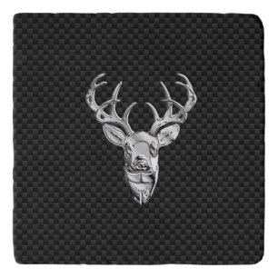Silver Chrome Deer on Carbon Fiber Style Print Trivet