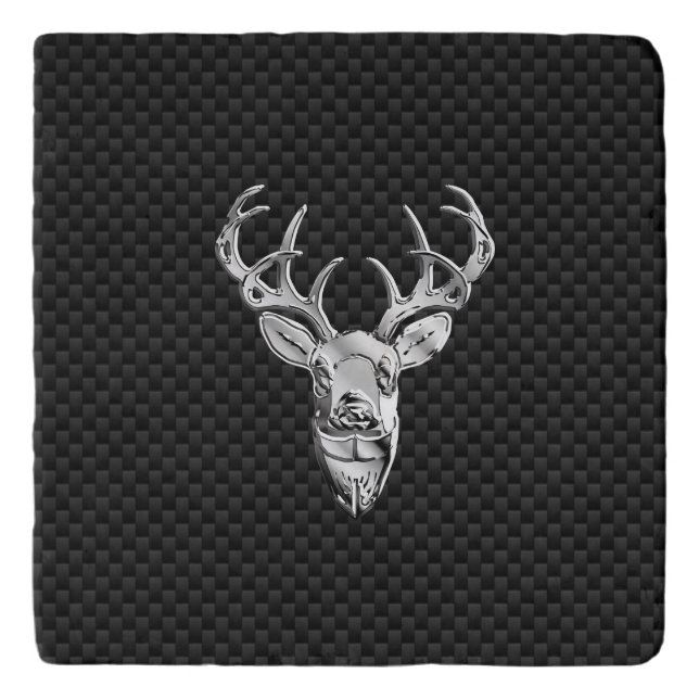 Silver Chrome Deer on Carbon Fiber Style Print Trivet (Front)