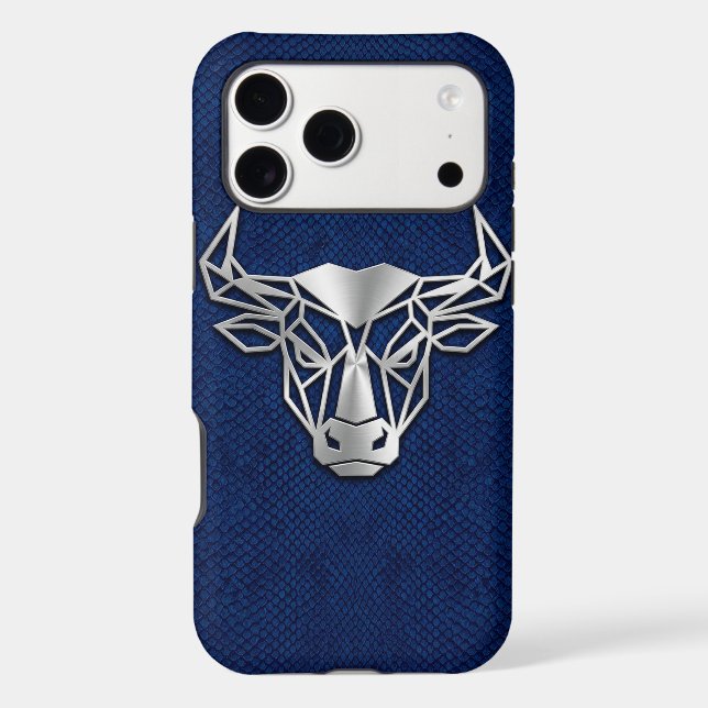Silver Chrome Geometric Bull Blue Python iPhone Case (Back)