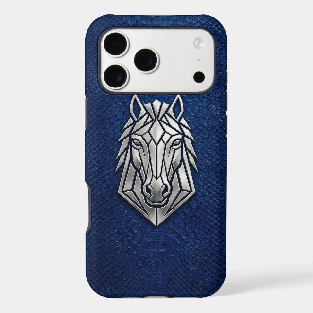 Silver Chrome Geometric Horse Blue Python iPhone Case (Back)