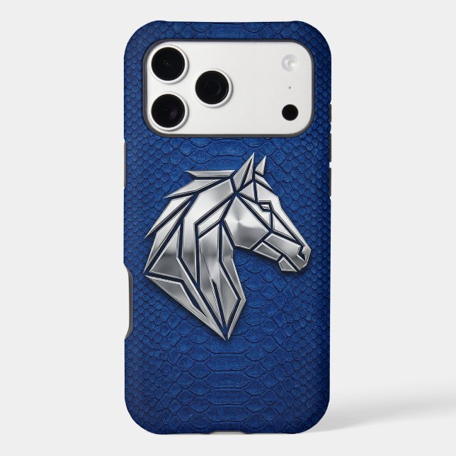 Silver Chrome Geometric Horse Blue Python iPhone Case (Back)