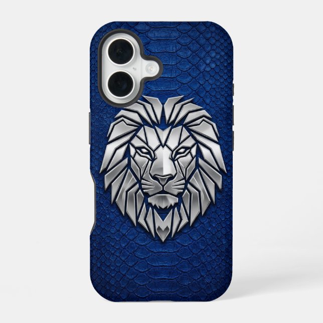Silver Chrome Geometric Lion Blue Python iPhone Case (Back)