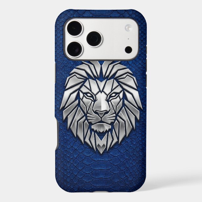 Silver Chrome Geometric Lion Blue Python iPhone Case (Back)