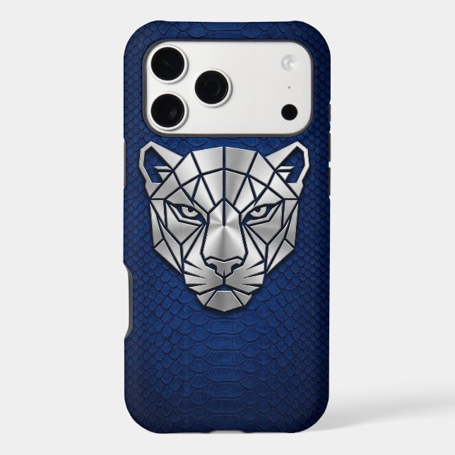 Silver Chrome Geometric Panther Blue Python iPhone Case (Back)
