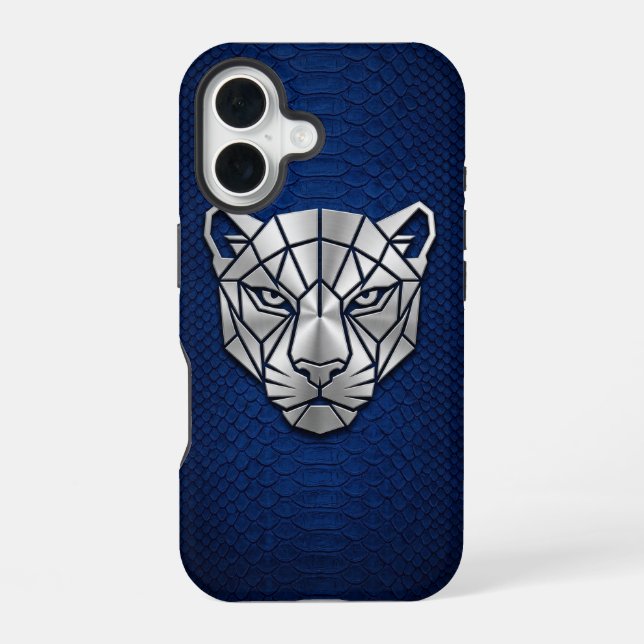 Silver Chrome Geometric Panther Blue Python iPhone Case (Back)