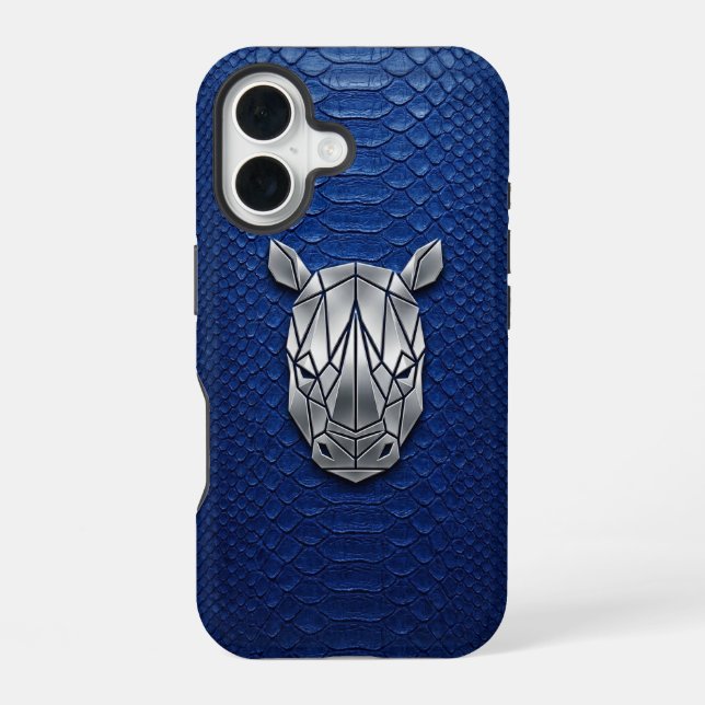 Silver Chrome Geometric Rhino Blue Python iPhone Case (Back)
