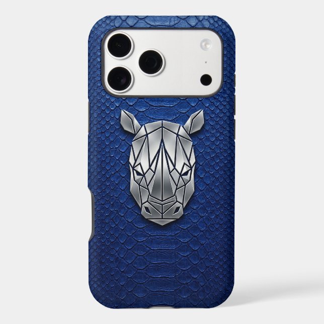 Silver Chrome Geometric Rhino Blue Python iPhone Case (Back)