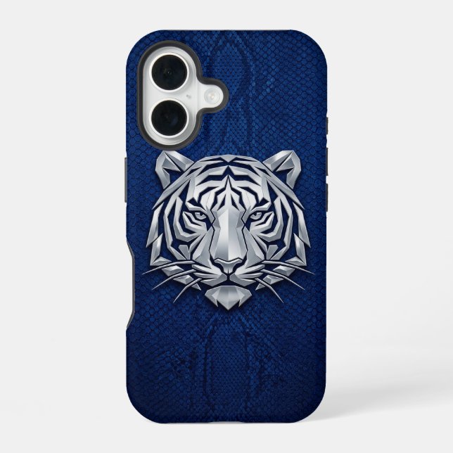 Silver Chrome Geometric Tiger Blue Python iPhone  Case (Back)