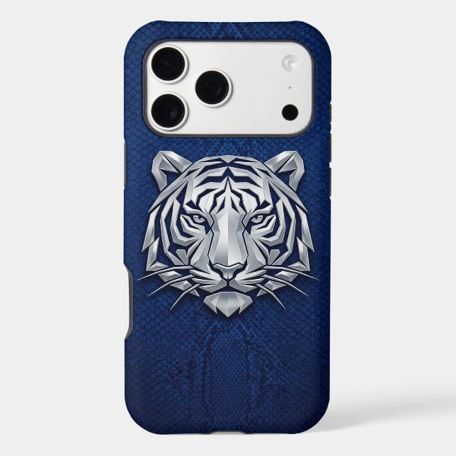 Silver Chrome Geometric Tiger Blue Python iPhone  Case (Back)
