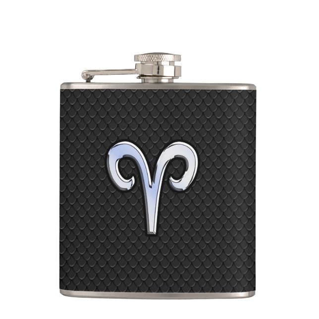 Silver Chrome Like Aries Zodiac Sign Hip Flask (Front)