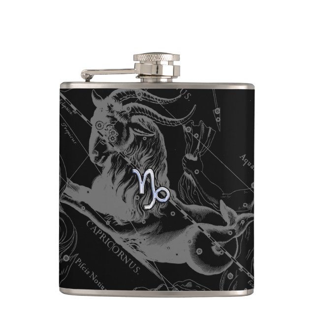 Silver Chrome like Capricorn Zodiac Sign Hevelius Flask (Front)