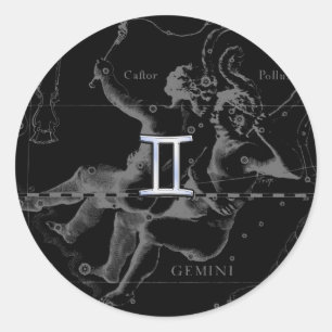 Silver Chrome like Gemini Zodiac Sign on Hevelius Classic Round Sticker