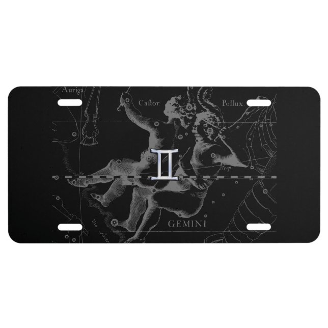 Silver Chrome like Gemini Zodiac Sign on Hevelius License Plate (Front)