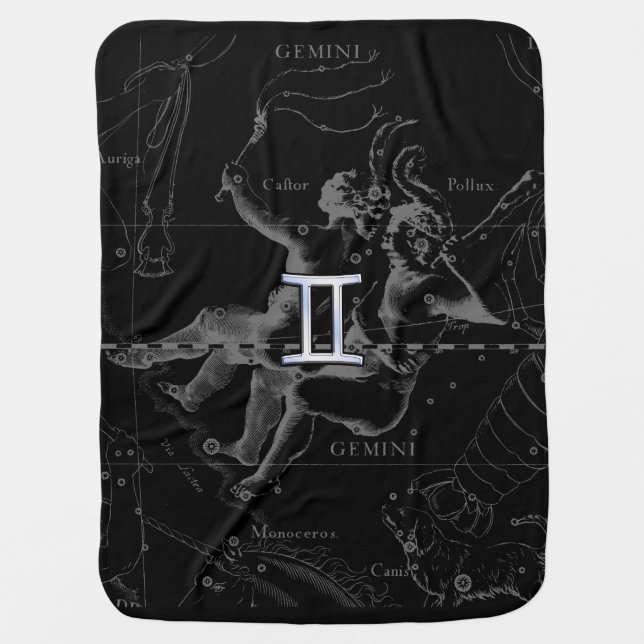 Silver Chrome like Gemini Zodiac Sign on Hevelius Receiving Blanket (Front)