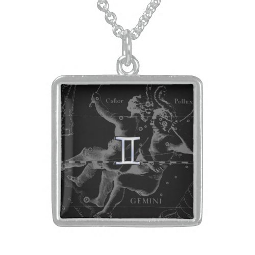 Silver Chrome like Gemini Zodiac Sign on Hevelius Sterling Silver Necklace