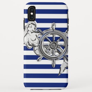 Silver Chrome Like Mermaid On Nautical Stripes Iphone Xs Max Case by CaptainShoppe at Zazzle