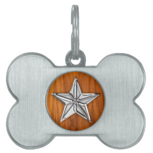 Silver Chrome Like Nautical Star on Teak Veneer Pet Name Tag