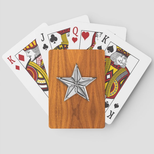 Silver Chrome Like Nautical Star on Teak Veneer Poker Cards (Back)