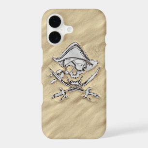 Silver Chrome Like Pirate Skull in the Sand iPhone 17 Case