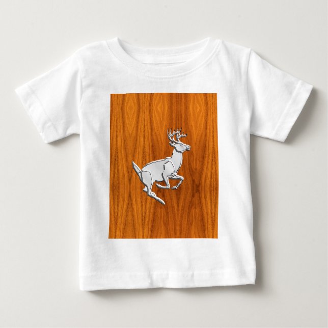 Silver Chrome Like Running Deer on Fine Teak Print Baby T-Shirt (Front)