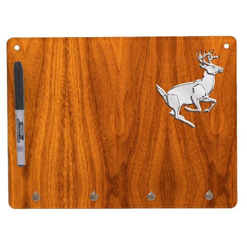 Silver Chrome Like Running Deer on Fine Teak Print Dry Erase Board With Keychain Holder