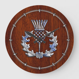Silver Chrome on Mahogany Wood Scottish Thistle Large Clock