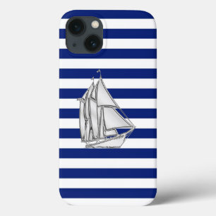 Silver Chrome Style Sailboat on Nautical Stripes iPhone 13 Case