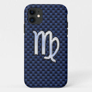 Silver Chrome Virgo Zodiac Sign on Navy Blue Decor iPhone 11 Case