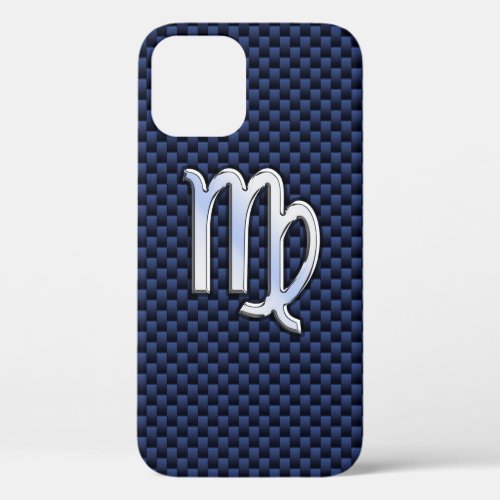 Silver Chrome Virgo Zodiac Sign on Navy Blue Decor iPhone 12 Case