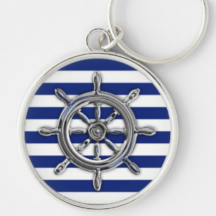 Silver Chrome Wheel on Nautical Stripes Keychain