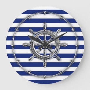 Silver Chrome Wheel on Nautical Stripes Large Clock