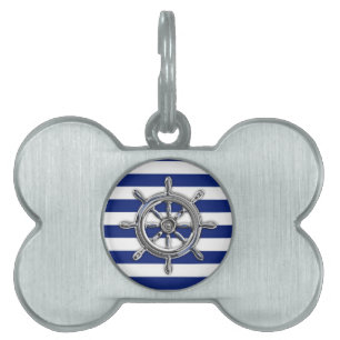 Silver Chrome Wheel on Nautical Stripes Pet Name Tag