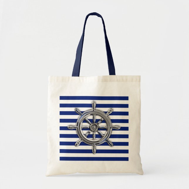 Silver Chrome Wheel on Nautical Stripes Tote Bag (Front)